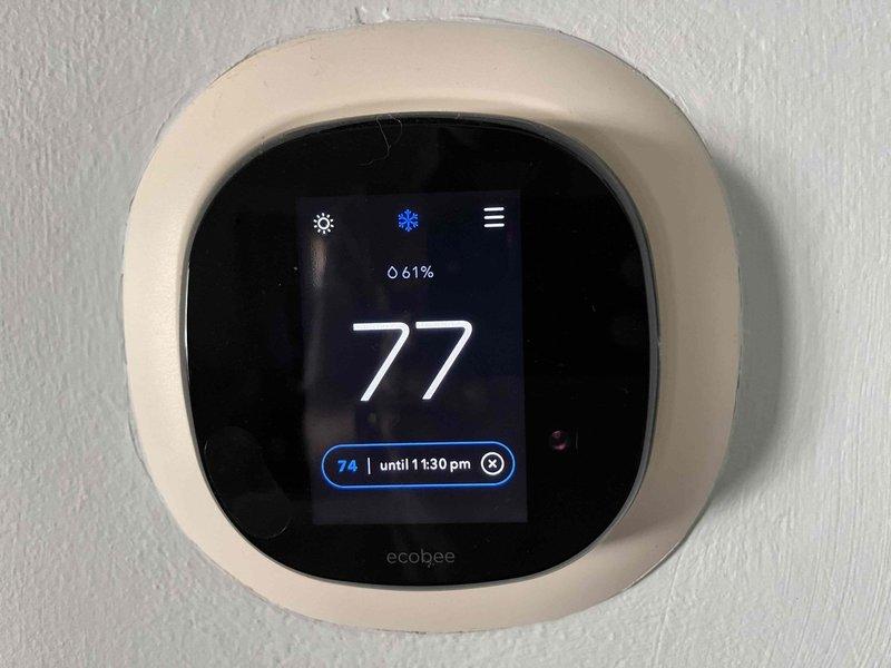 Completed annual cooling maintenance and tune-up on residential air conditioning system. Outdoor condenser unit inspected and found in good operating condition with proper airflow through coils. Ecobee smart thermostat verified functioning correctly in cooling mode, maintaining setpoint of 74°F with current indoor temperature reading of 77°F. All system components operational with no deficiencies noted at time of service.