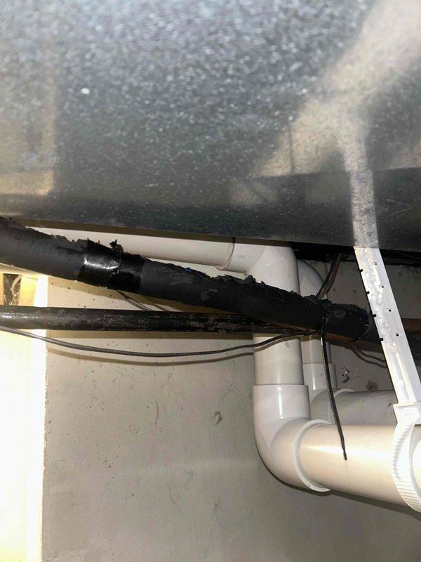 Responded to no cooling call and diagnosed HVAC system failure caused by animal damage. Found that a cat had chewed through control wiring running to the furnace, interrupting communication between the air handler and heating system. Repaired the damaged low-voltage wiring, restored proper electrical connections, and verified system operation. Both air conditioning and furnace returned to normal function after wire repair was completed.