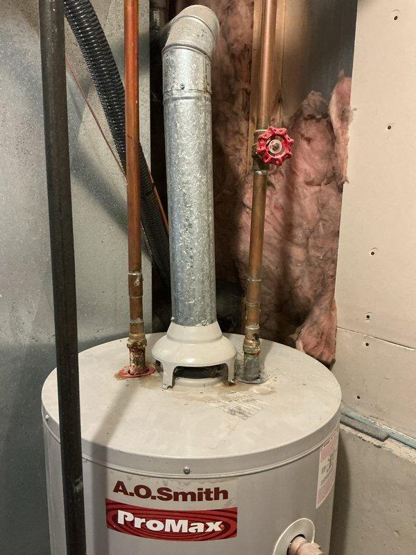 Responded to service call for water heater producing no hot water. Upon arrival, inspected 12+ year old A.O. Smith ProMax residential water heater located in basement utility area. Unit showed no signs of unusual noises and cold water supply was functioning normally. Performed diagnostic evaluation of heating elements, thermostat operation, and electrical connections. Documented existing installation conditions including copper supply lines with shutoff valves, galvanized vent piping, and overall system configuration through photographic documentation for service records.