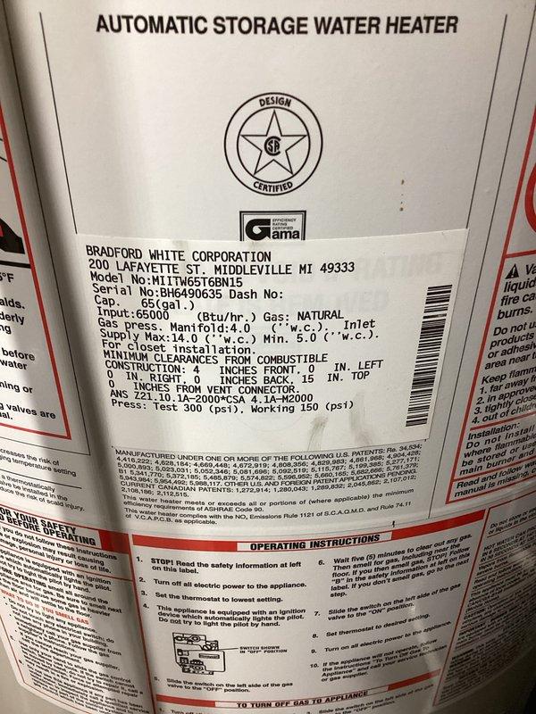 Provided estimate for replacement of existing Bradford White 65-gallon natural gas water heater, model M11TW65TGBN15 with 65,000 BTU/hr input rating. Documented current installation including recirculation pump assembly, black iron gas piping, and venting configuration in basement utility area. Captured specifications and clearance requirements for proper equipment sizing and code-compliant replacement.