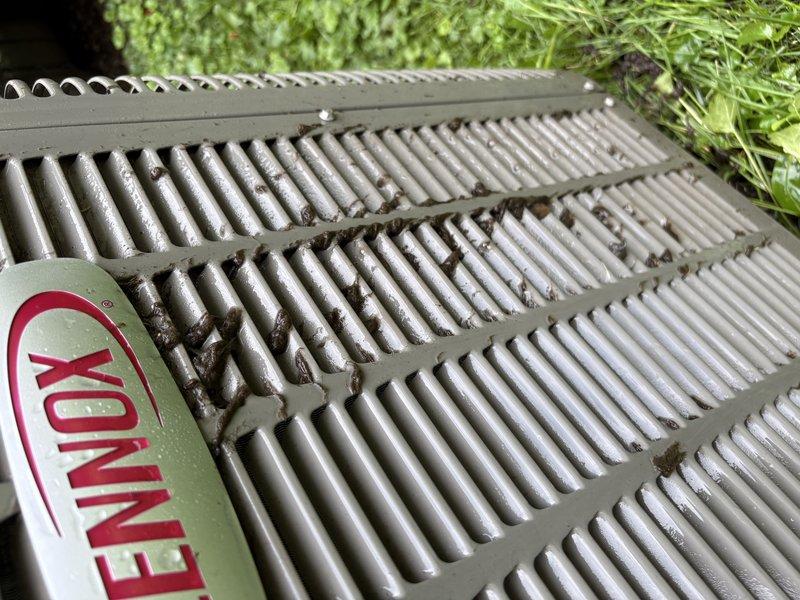 # CP-Cooling Problem

Responded to cooling complaint on 5-year-old Lennox system where thermostat displayed 70°F but indoor temperature reached 86°F during hot weather. Upon arrival, system was operating but customer requested diagnostic evaluation due to previous failure. Inspection revealed outdoor condenser coil heavily contaminated with dirt, debris, and organic material lodged between fins, restricting airflow and reducing heat transfer efficiency. Cleaned condenser coil thoroughly to restore proper airflow and system capacity. Verified system operation, refrigerant pressures, and temperature differential across evaporator coil. System now cooling properly with adequate airflow and meeting thermostat setpoint. Advised customer that debris accumulation was likely cause of previous cooling inadequacy during peak demand conditions.