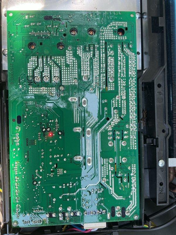 Responded to no-cooling complaint on a two-year-old residential air conditioning system. Upon inspection, discovered failed control board affecting system operation. Removed and examined the printed circuit board, confirming electrical failure through visual inspection and testing. Replaced defective control board and verified proper system startup, restoring full cooling capacity to the home.
