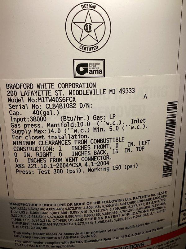 Responded to follow-up service call for 19-year-old Bradford White 40-gallon gas water heater (Model M1TW40S6FCX) that remained inoperative following previous service visits. Upon inspection, evaluated unit's condition and operational status in basement utility area. Given the age of the equipment and continued failure to ignite or operate, documented existing installation and provided assessment for customer decision-making regarding repair versus replacement options.