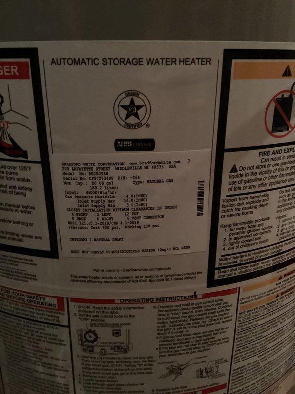 Responded to water leak complaint on 3-year-old Bradford White 50-gallon natural gas water heater. Upon inspection, confirmed active leaking from bottom of tank, indicating internal tank failure. Documented unit specifications and condition with photos showing manufacturer labels, piping connections, and basement installation location. Customer was informed that tank leaks cannot be repaired and complete water heater replacement is required.