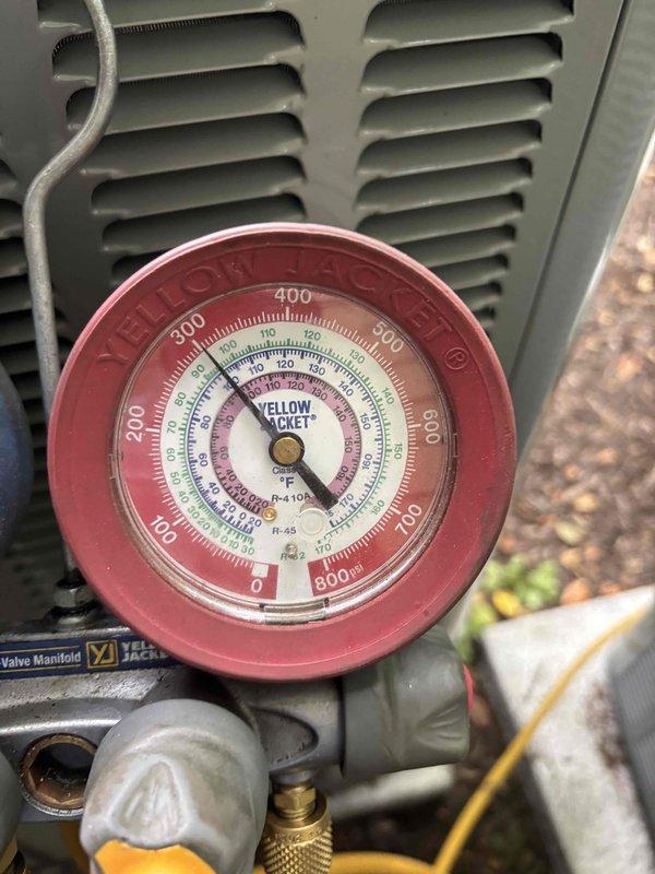 Completed full air conditioning system replacement. Removed existing unit and installed new AC system with all necessary refrigerant lines, electrical connections, and condensate drainage. Performed startup procedures and system commissioning, verifying proper refrigerant charge using manifold gauges showing appropriate pressures for R-410A refrigerant. Confirmed system operation with temperature differential readings of 64.1°F across the evaporator coil, indicating optimal cooling performance. All connections tested and secured, system operating within manufacturer specifications.