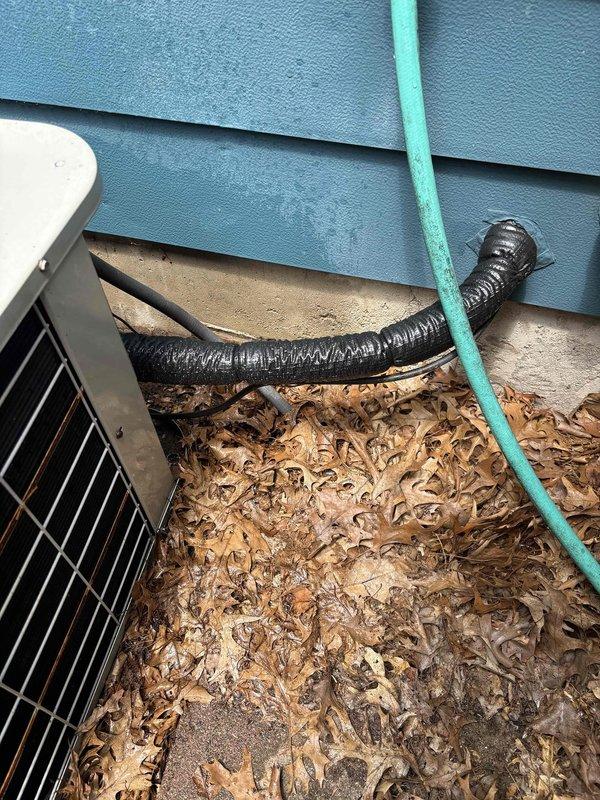 # NC-No Cool Service Call

Responded to no cooling complaint on 10-12 year old Carrier system with no power to outdoor unit. Upon arrival, found condenser unit showing significant age-related deterioration with heavy rust on top panel and cabinet. Unit located against building exterior with substantial leaf debris accumulation around base and on concrete pad. Performed visual inspection of outdoor equipment and documented existing conditions with photos showing weathered cabinet, corroded components, and environmental debris buildup affecting unit. System required further diagnostic evaluation to determine cause of complete power loss and assess viability of repairs given advanced age and deteriorated condition of equipment.