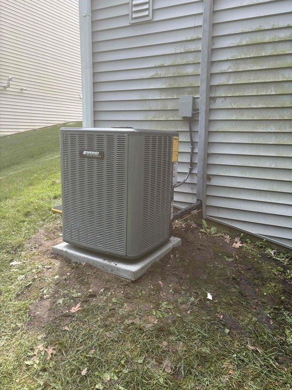 Completed full HVAC system replacement including outdoor Ameristar condensing unit installed on concrete pad with proper clearances and indoor furnace unit in basement mechanical room. Established all necessary electrical connections, PVC ductwork integration, and refrigerant line sets between indoor and outdoor components. System tested and verified operational with all safety controls functioning properly.