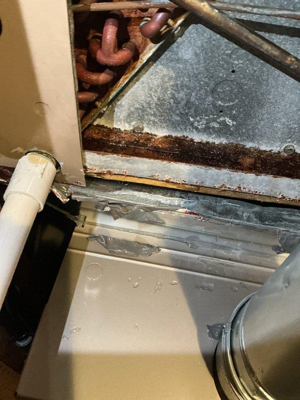 Responded to water leak complaint in furnace area with drain pan full and overflowing. Upon arrival, inspected Carrier HVAC system and found significant rust and corrosion on copper piping components, particularly at bends and joints. Observed extensive deterioration on horizontal components above metal housing panels, with heavy grime accumulation and rust-related staining throughout the unit. Examined interior components including control board, wiring harness, and transformer assembly. Noted substantial dirt, dust, and debris accumulation in metal drip pan at base of unit. Customer reported leakage continues even when system is shut off, and water discharge occurs during system operation. Customer mentioned possible issue with condensate pump. Documented conditions with photographs showing corroded copper piping, deteriorated components, and contaminated drain pan. System was recently replaced in February 2024. Findings indicate moisture exposure over time has caused significant com
