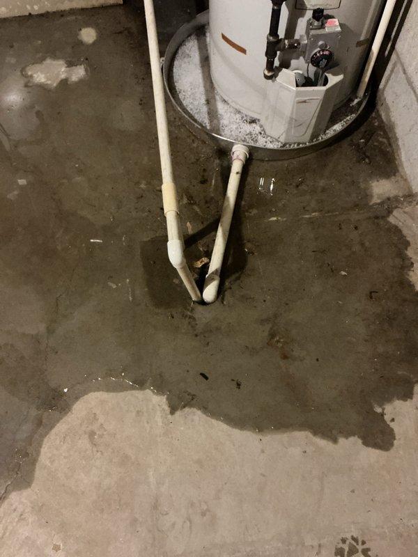 Responded to water leak complaint in basement utility area. Upon arrival, found significant water accumulation on concrete floor surrounding HVAC equipment and water heater installation. Inspected furnace condensate drain pan and associated drainage system. Identified active water discharge from furnace condensate pan due to drainage issue. Documented existing conditions with photographs showing water pooling on floor and plumbing connections. AC system confirmed operational and cooling properly despite drainage concern. Advised tenant to contact property management for necessary repairs per service agreement.