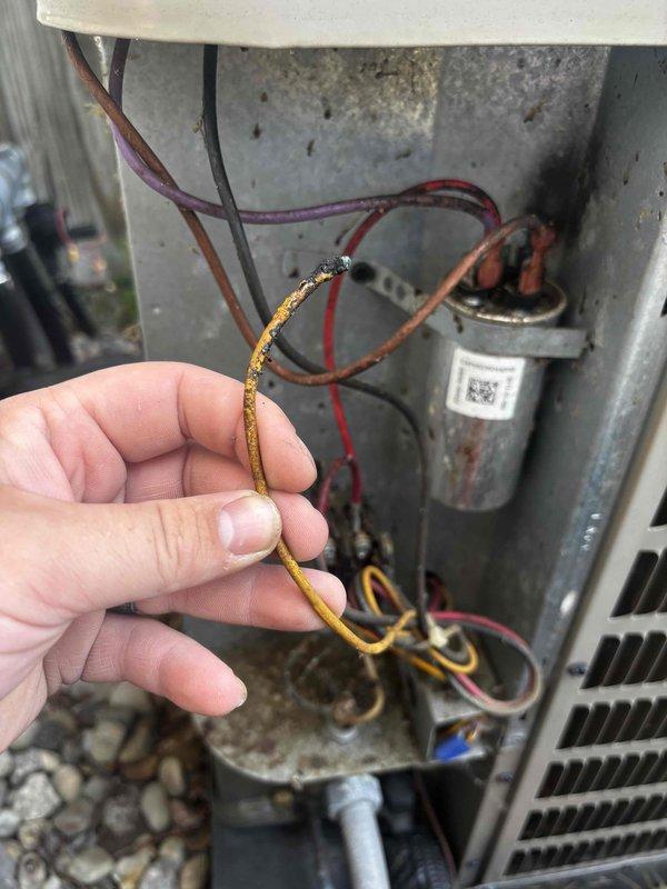 # CP-Cooling Problem

Responded to cooling system not maintaining set point temperature. Upon inspection, discovered severely corroded and burned wiring connected to the compressor capacitor, which was causing electrical failure and preventing proper system operation. Replaced damaged wiring and tested capacitor connections to restore full functionality. System now operating properly and maintaining desired temperature set point.