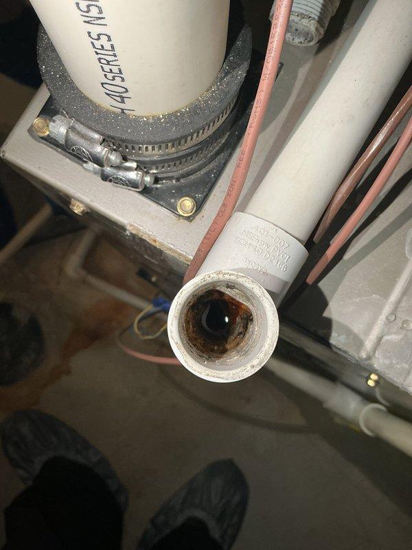 Responded to water leak complaint below air conditioning unit in basement. Upon inspection, discovered significant sediment and debris accumulation blocking the condensate drain line, causing water to overflow from the system. Documented condition of PVC drainage piping showing brown discoloration and buildup inside the drain line. Air handler unit confirmed operational and cooling properly despite drainage issue. Photographed affected components including T-junction connection and interior pipe condition to document extent of blockage requiring clearing to restore proper condensate drainage function.