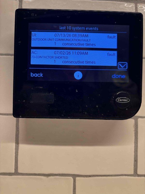 Responded to communication fault error on Carrier thermostat in chef's kitchen. Diagnosed contactor issue on outdoor unit affecting system operation. Cleared fault codes and verified proper communication between thermostat and condenser unit, restoring normal HVAC function.