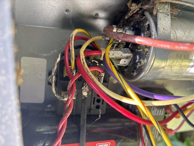 Responded to no-cooling call where customer reported discovering chewed wires and evidence of rodent intrusion. Upon inspection, found electrical junction box and interior compartment with multiple wire connections showing signs of rodent damage, accumulated debris, organic material, and general deterioration. Documented existing conditions with photographs showing compromised wiring insulation, dirt accumulation, and nesting materials within the unit requiring immediate attention to restore safe operation.