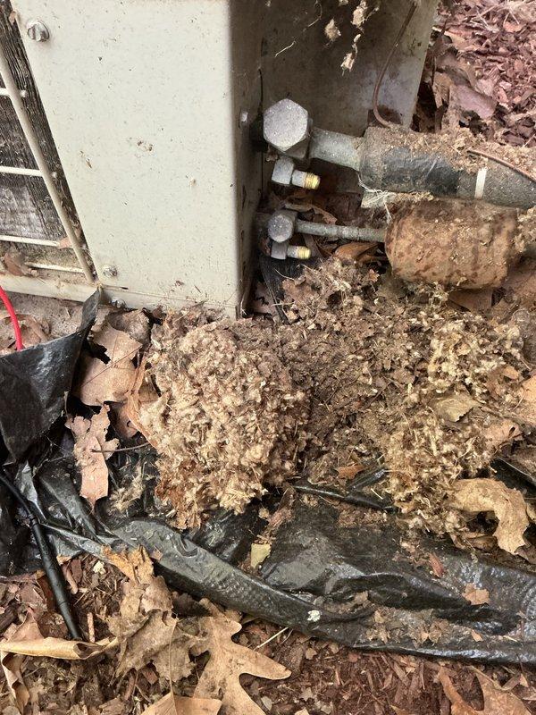 Completed comprehensive AC Super Tune-up on residential unit with significant maintenance needs. Upon arrival, found outdoor condensing unit area heavily obstructed by accumulated organic debris including wood chips, leaves, and mulch material covering ground-level components and pipe connections. Cleared debris from around gas lines, refrigerant connections, and electrical conduits to restore proper airflow and access for inspection.

Opened electrical junction box and discovered extensive dirt accumulation, corrosion, and deteriorated materials throughout contactor assembly and terminal connections. Cleaned all electrical terminals, wire connections, and contactor components. Inspected all wire insulation for damage and verified secure connections on red, blue, yellow, and black conductor terminations. Removed caked-on debris from junction box interior and metal backplate to prevent future electrical issues.

Performed standard tune-up protocol including system performance testing, a
