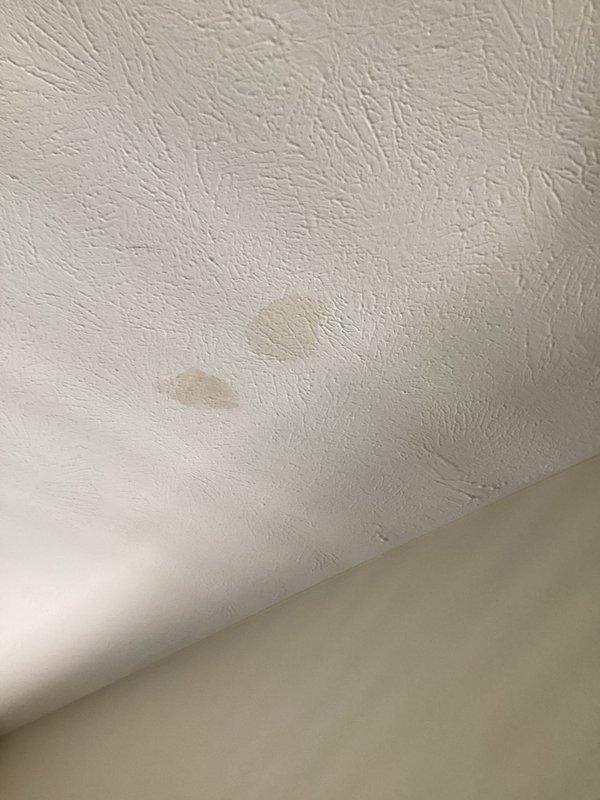 Responded to emergency plumbing leak originating from bathroom shower with active water intrusion affecting dining room ceiling below. Upon arrival, identified visible water damage to ceiling with soft, saturated drywall and discoloration indicating ongoing leak. Created access opening in affected ceiling area to locate source of water infiltration. Inspection revealed compromised PVC plumbing connection in shower drain assembly above damaged ceiling. Documented existing conditions including water-stained textured ceiling surface and exposed plumbing infrastructure for assessment and repair planning.