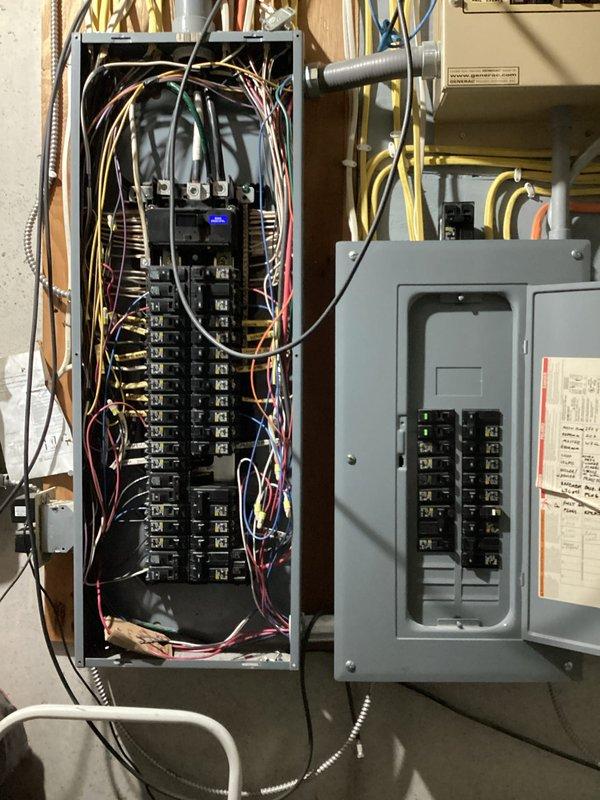 Completed comprehensive ECI-Electrical Club Inspection of residential electrical system, documenting main service panel configuration with Guardian brand distribution panel containing multiple circuit breakers and associated branch circuit wiring. Photographed exposed electrical infrastructure in basement utility area, including panel interior showing extensive yellow, red, white, and black conductor routing, secondary distribution panel, and overhead cable management systems for maintenance documentation and safety compliance verification.