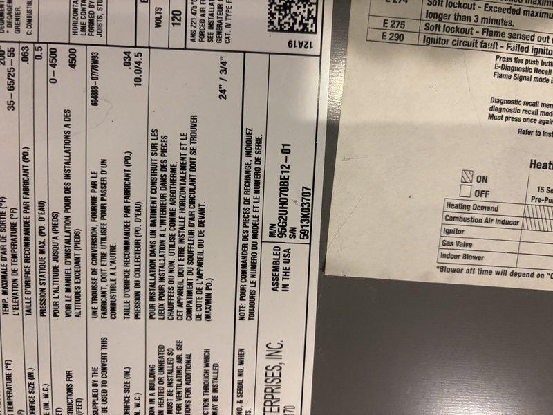Responded to no cooling complaint at residential property. Upon arrival, inspected Goodman furnace system located in basement mechanical room. Performed diagnostic evaluation of HVAC unit including visual inspection of manufacturer specification labels, wiring connections, and system components. Verified furnace model information and reviewed technical specifications including heating demand sequences, combustion air inducer operation, ignitor circuit, gas valve function, and indoor blower motor settings. Examined PVC intake and exhaust venting configuration for proper installation and clearances. Checked copper refrigerant lines, condensate drainage piping, and electrical connections to unit. Documented equipment condition and system specifications with photographs for service records. System evaluated and findings recorded for cooling system troubleshooting.
