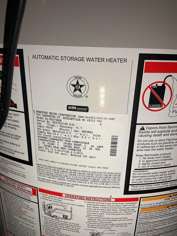 Provided estimate for replacement of 50-gallon Bradford White automatic storage water heater experiencing slow leak. Documented existing unit specifications, venting configuration with metallic flue pipe, copper supply line connections with shut-off valves, and installation location in unfinished basement utility area.