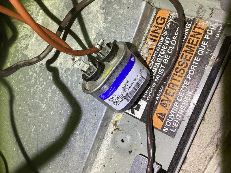 Responded to air conditioning service call for system blowing but not cooling properly on a 7-year-old unit. Upon inspection, diagnosed failed capacitor affecting compressor operation. Replaced defective capacitor with new unit, verified proper electrical connections and wire routing, and tested system for proper operation. Confirmed cooling function restored and unit operating within normal parameters.