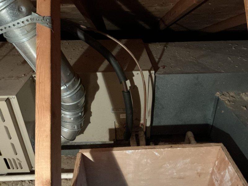 Completed estimate for furnace and air conditioning system replacement. Evaluated existing Amana outdoor condensing unit showing age-related wear and diminished cooling performance. Assessed attic-mounted air handler and ductwork system, noting flexible duct connections and equipment configuration. Provided replacement options and recommendations for complete HVAC system upgrade.