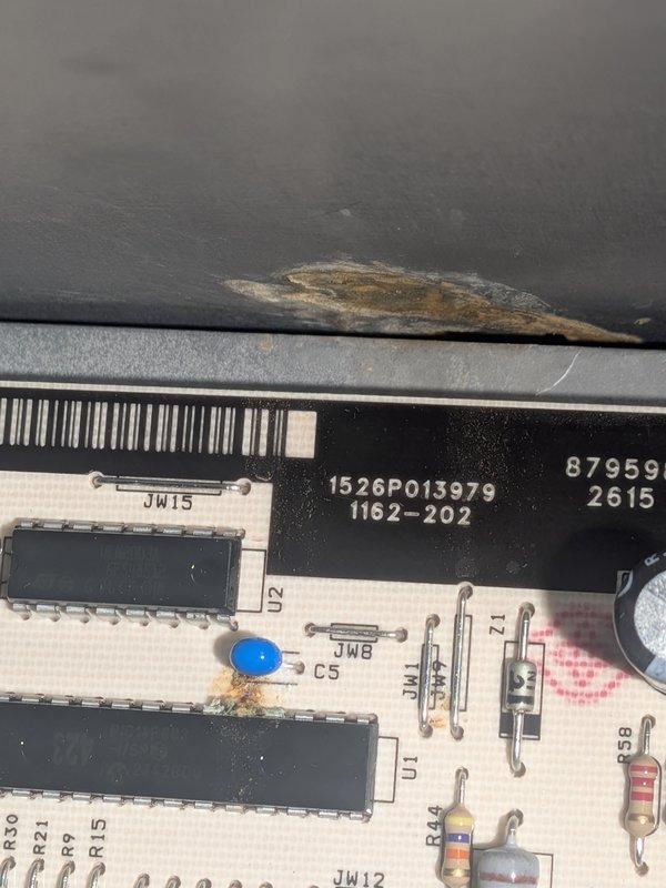 Responded to ongoing no cool condition on nine-year-old ICP unit following previous part replacement. Upon inspection, discovered failed control board with visible heat damage and component deterioration. Documented board condition showing discoloration near critical components and compromised circuitry. Replaced defective control board, verified all electrical connections, and tested system operation to confirm proper cooling cycle restoration.