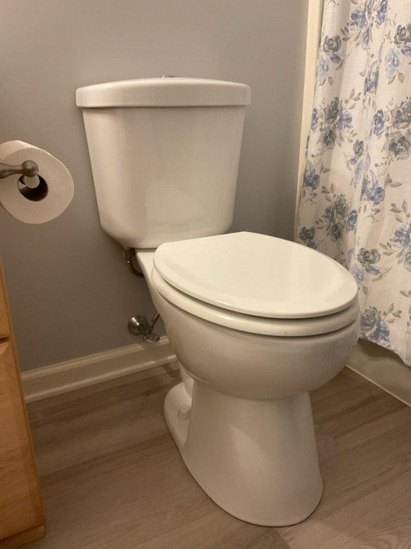 Responded to service call for toilet leaking water when flushed. Upon arrival, inspected two-piece white porcelain toilet in residential bathroom. Assessed tank components, flush valve assembly, and bowl connections for source of water leak during flush cycle. Documented existing conditions with photographs showing standard toilet installation with closed lid, adjacent toilet paper holder, and wood-grain vinyl flooring. Completed diagnostic evaluation of flush mechanism and water supply connections to identify leak origin and recommend appropriate repairs.