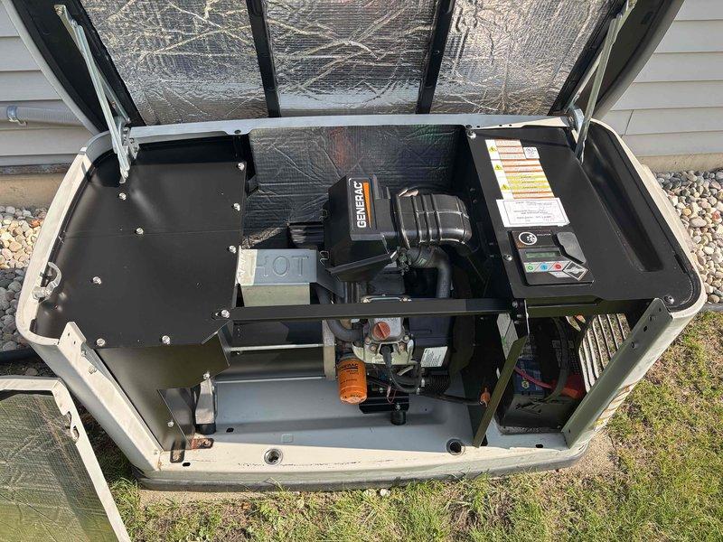 Completed preventative maintenance tune-up on Generac 11kW standby generator unit. Performed comprehensive inspection of all internal components including engine, air filtration system, fuel lines, electrical connections, and IOT monitoring module. Verified proper operation of all mechanical systems and confirmed unit is in good working condition for continued reliable backup power service.