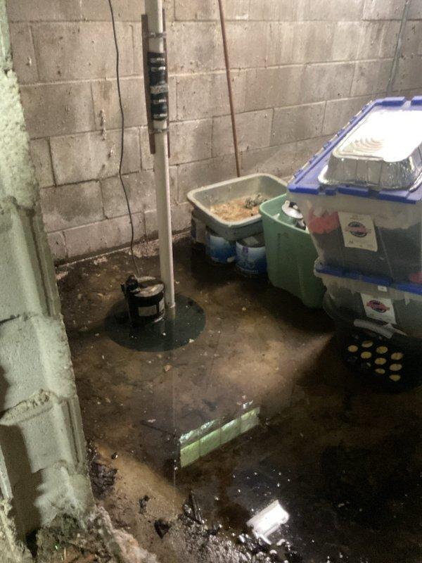 Responded to emergency service call for non-operational sump pump system. Upon arrival, found basement with standing water on concrete floor and sump pump present but not functioning. Inspected sump pump unit, discharge piping, and surrounding area which showed evidence of water intrusion and moisture damage to concrete block walls. Assessed system failure and water accumulation in basement space. Documented conditions including flooded floor area, sediment accumulation, and moisture-related wall deterioration with efflorescence present on block surfaces.