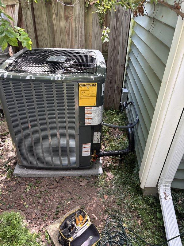 Successfully completed full HVAC system installation including new furnace and air conditioning unit. Installed outdoor condenser unit on concrete pad with proper clearances from structure and fencing, ensuring adequate airflow through louvers. Verified refrigerant charge levels per manufacturer specifications with factory charge of 85 oz, field charge of 8 oz, for total system charge of 96 oz. Connected copper line sets with appropriate insulation and brass fittings. Mounted unit on level pad with proper drainage considerations. System tested and operational upon completion.