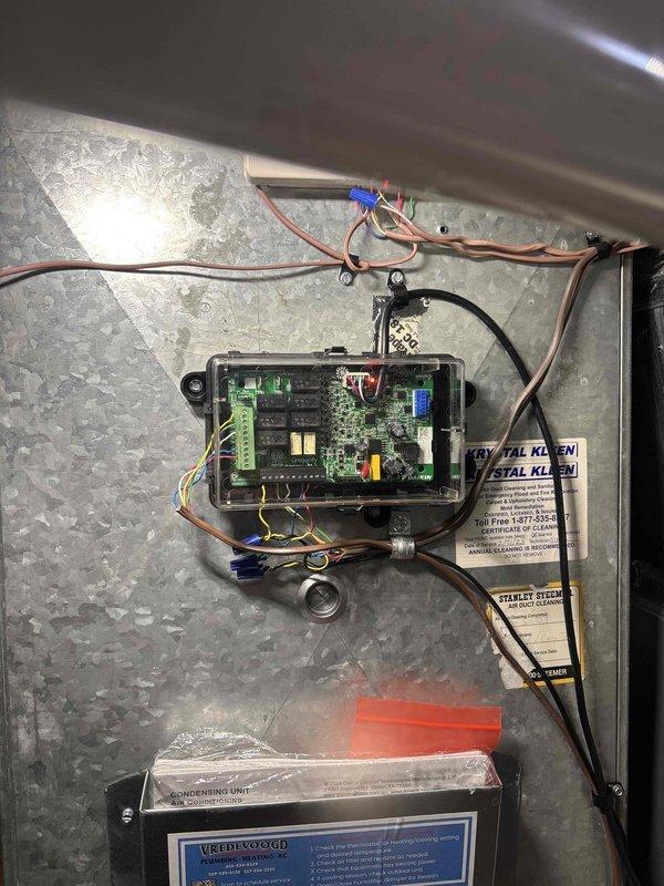 Completed QUOTR-quoted repair involving replacement of sensor on Goodman residential HVAC system. Accessed control board housing, removed defective sensor, and installed new sensor component with proper wiring connections to circuit board terminals. Verified all electrical connections secure, tested system operation to confirm proper sensor function and communication with control board, and restored unit to full operational status.