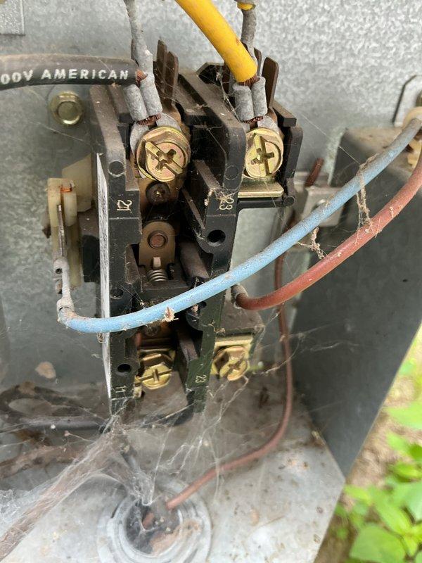 Completed annual cooling maintenance visit on 22-year-old Payne system with 2023 condenser motor replacement. Performed comprehensive inspection of outdoor unit, finding electrical contactor assembly and wiring connections heavily covered in cobwebs indicating extended undisturbed operation. Cleaned contactor terminals, inspected wire connections including yellow, blue, and brown conductors for proper termination and signs of wear. Verified condenser unit operation, inspected protective grille and housing for proper airflow, and documented equipment condition with photos for service records.