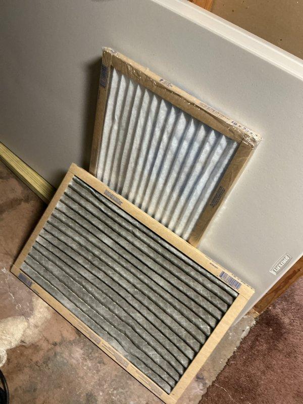 Completed annual cooling maintenance on EnergiAir system with 2022 condenser. Performed comprehensive tune-up including system inspection, refrigerant level check, electrical connection testing, and condenser coil cleaning. Identified excessive moisture accumulation on basement floor near equipment with condensate drain pan in place to collect overflow. Replaced heavily soiled air filter with significant dust and debris buildup that was restricting airflow. Verified proper drainage function, tested system operation across all cooling modes, and confirmed unit is operating within manufacturer specifications. System running efficiently with improved airflow following filter replacement.