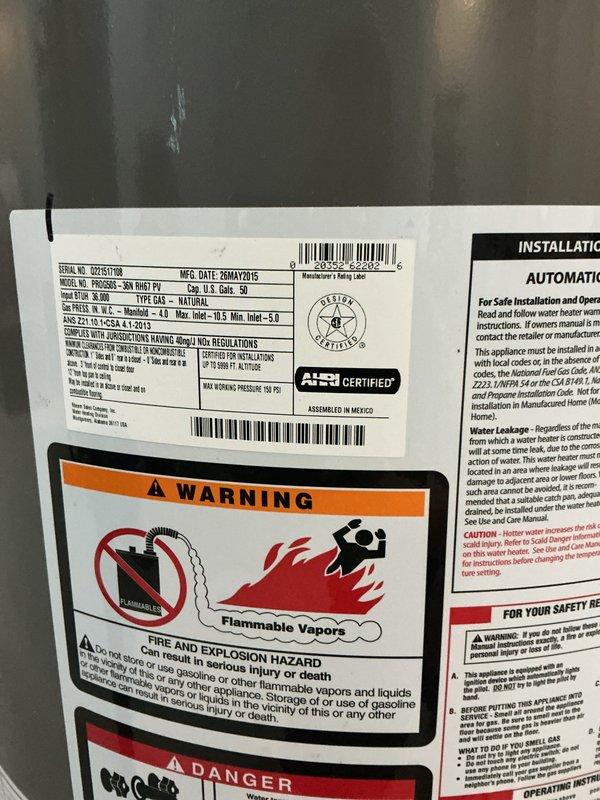 Provided estimate for water heater replacement on existing 50-gallon Bradford White unit manufactured in January 2015, approximately 11 years old. Documented current installation with photos showing unit specifications, safety labels, and location in garage/utility room area. Reviewed equipment condition and discussed replacement options with customer.