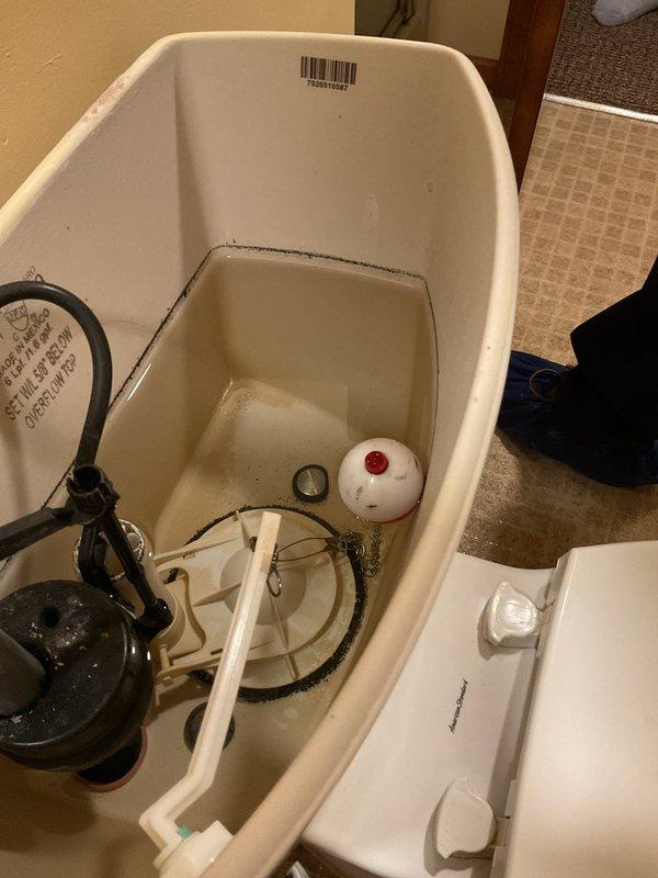 Responded to plumbing leak reported under bathroom sink in 50+ year-old home. Upon inspection, identified faulty toilet tank components as the source of the leak, including a deteriorating flapper valve and compromised fill valve assembly showing mineral deposits and discoloration. Replaced internal tank mechanisms, tested flush operation, and verified all connections were sealed properly to eliminate the ongoing leak that had persisted for approximately two weeks.