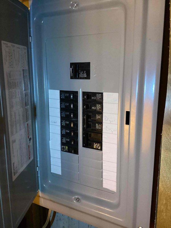 Conducted on-site estimate for generator installation at 3PM. Assessed existing electrical infrastructure, including main breaker panel and load center configuration with dual columns of circuit breakers. Evaluated electrical panel capacity, available breaker positions, and existing wiring to determine requirements for generator integration and transfer switch installation. Documented current electrical system layout and panel specifications through photographic records to support proposal development for backup power system installation.