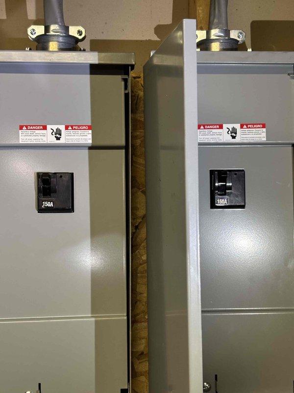 Responded to inspector correction notice regarding improperly rated electrical disconnects. Inspector identified that existing 200A disconnects exceeded the capacity of 2/0 aluminum feeder cables supplying the sub panels. Replaced two 200A disconnects with appropriately sized 150A Siemens units to comply with ampacity ratings for the installed aluminum conductors. Verified proper termination of all feeder conductors, ensured secure conduit connections, and confirmed all safety labeling was in place on both disconnect boxes.