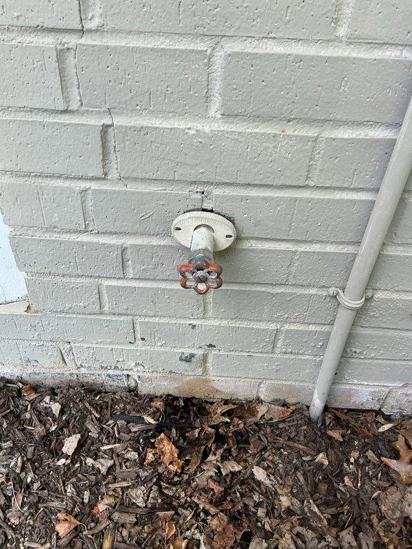 Responded to plumbing leak concerns involving copper piping in the basement and an outdoor frost-proof faucet. Upon inspection, identified the exterior hose bib mounted on white-painted brick/cinder block wall showing signs of age and potential failure. The brass fixture exhibited weathering and patina consistent with outdoor exposure. Documented current condition of the outdoor spigot and its mounting configuration for repair or replacement recommendation. Assessed basement copper pipe leaks to prevent further water damage and deterioration of the plumbing system.