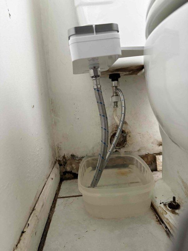 Responded to a plumbing leak at the toilet water supply line. Upon arrival, found active water leakage at the connection point between the supply line and the toilet fill valve, with visible water damage and staining on the bathroom floor tiles and baseboards. Inspected the braided stainless steel flex line and connection fittings for the dual-flush toilet system. Identified a faulty connection causing the leak. Shut off the water supply, removed the defective supply line, and installed a new braided flex supply line with proper sealing. Tested all connections for leaks and verified proper water flow to the toilet tank. Cleaned up standing water and confirmed no active leaking upon completion. Documented the existing water damage with photos for client records.
