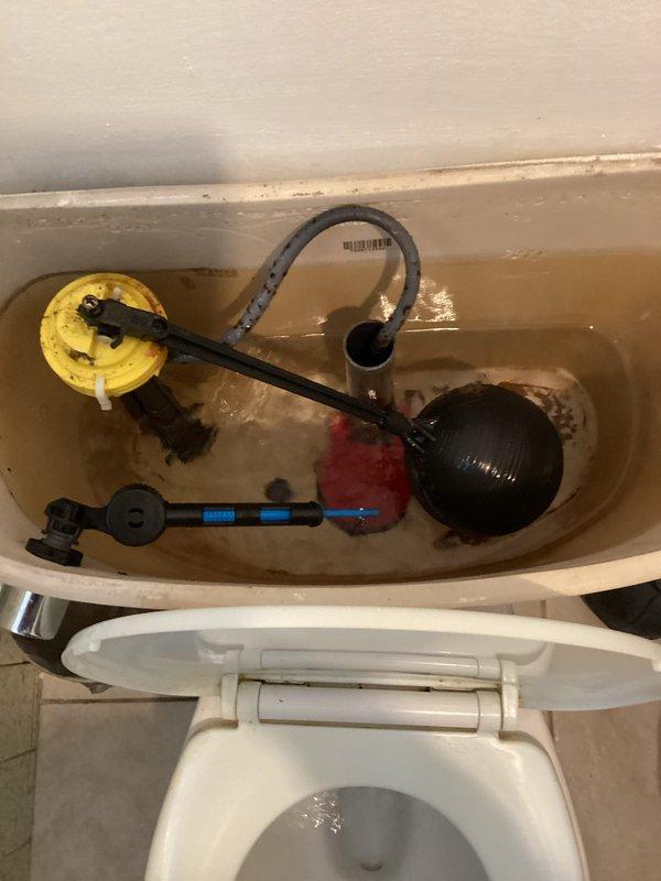 Responded to basement toilet leak that had been ongoing for several weeks in a 45-year-old residence. Upon inspection, found deteriorated flapper valve and corroded flush valve components with significant rust staining and mineral buildup in tank. Replaced faulty flapper assembly and fill valve components to resolve leak issue. Additionally completed dishwasher installation and hookup as requested during the same visit.