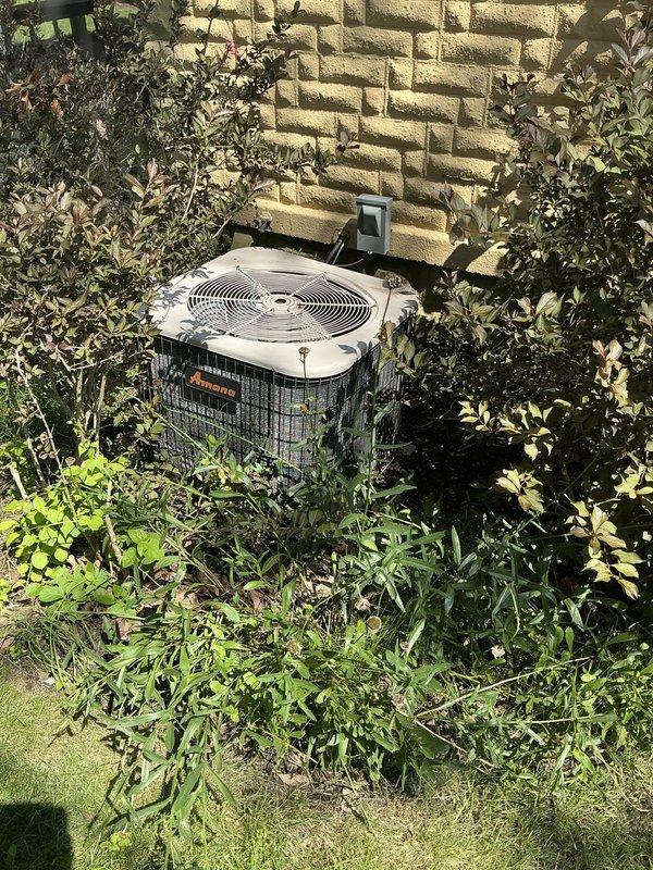 Performed comprehensive site assessment of existing air conditioning condenser unit at secondary residence for estimate purposes. Documented current equipment condition and installation environment, noting significant vegetation encroachment around unit perimeter that restricts proper airflow clearance. Photographed unit positioning against exterior wall, electrical disconnect box configuration, and surrounding landscaping conditions to support equipment replacement or maintenance recommendations.