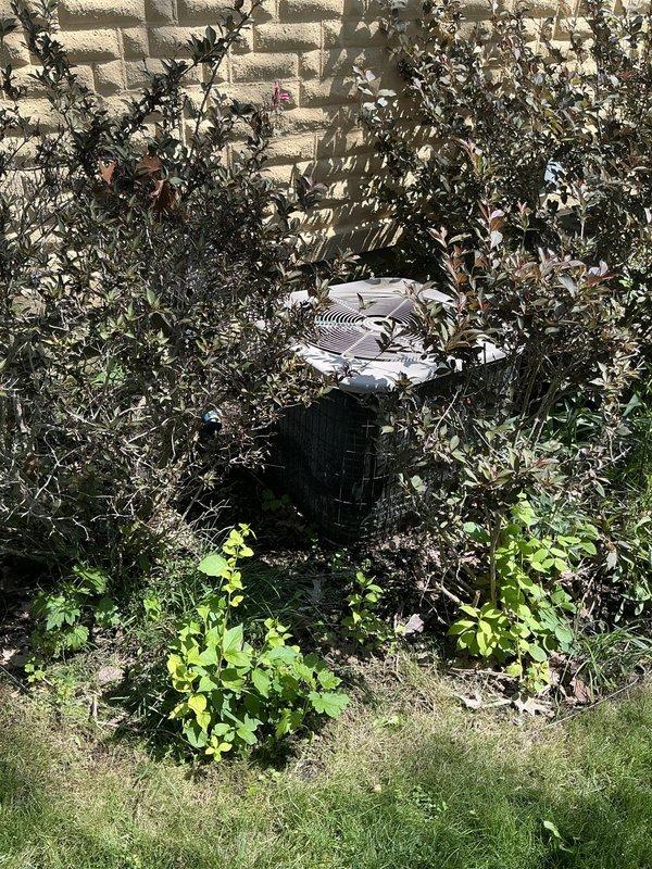 Performed comprehensive site assessment of existing air conditioning condenser unit at secondary residence for estimate purposes. Documented current equipment condition and installation environment, noting significant vegetation encroachment around unit perimeter that restricts proper airflow clearance. Photographed unit positioning against exterior wall, electrical disconnect box configuration, and surrounding landscaping conditions to support equipment replacement or maintenance recommendations.