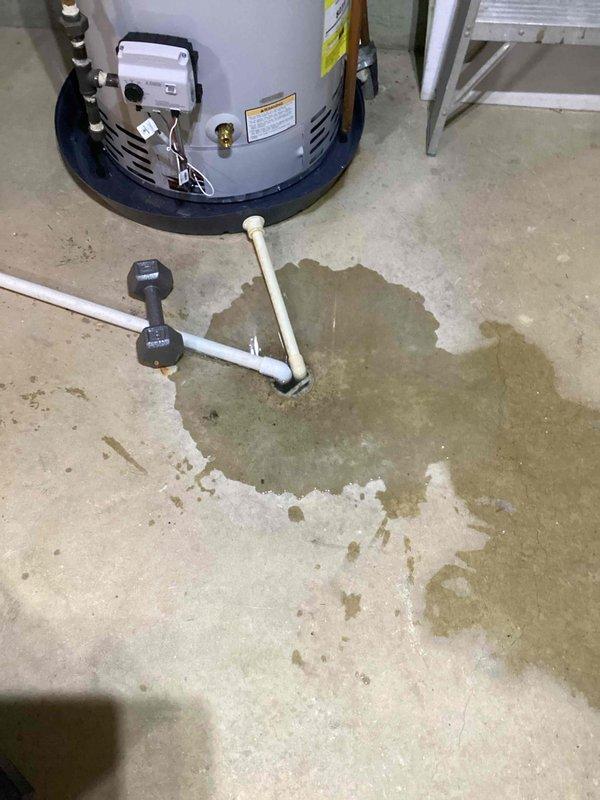Completed annual cooling maintenance on 16-year-old Bryant air conditioning system. During routine inspection, discovered significant water heater failure in utility area with active leaking causing extensive water pooling on concrete floor around unit base. Documented water damage with photos showing large puddles and moisture staining spreading from water heater, which poses risk to nearby HVAC equipment. Notified customer of urgent water heater leak requiring immediate attention to prevent further property damage and potential impact to cooling system operation.