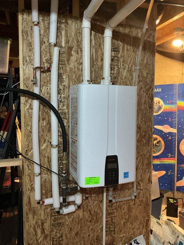 Completed routine preventative maintenance on a 4-year-old tankless water heater per customer request. Performed standard tune-up procedures including flushing the heat exchanger, inspecting inlet filter screens, verifying proper gas combustion and venting, testing temperature output, and confirming all safety controls and sensors were functioning correctly. Unit operating within manufacturer specifications with no issues found; all components in good condition for age.