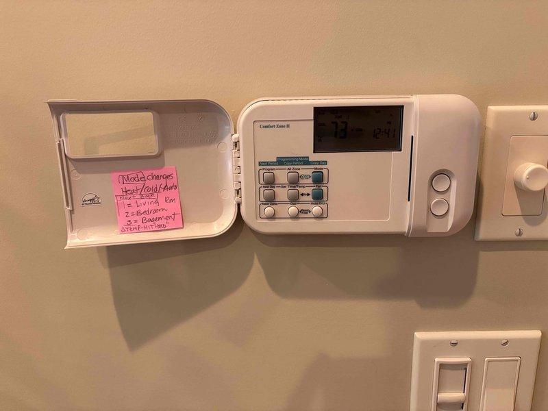 Completed annual cooling maintenance on 7-year-old EnergiAir system with warranty coverage through September 2027. Inspected Carrier thermostat and Comfort Zone II control system, verified proper temperature display and control functionality, and documented equipment condition through photo records. All components operating within normal parameters.