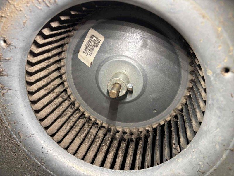 Completed annual cooling maintenance on a 17-year-old Fujitsu Halcyon mini-split system. Inspected outdoor condenser unit, which was properly housed in decorative lattice enclosure with adequate clearance and protection. Evaluated indoor blower wheel assembly and noted significant dust and debris accumulation on centrifugal fan blades and housing, with visible wear and surface deterioration consistent with system age. Documented equipment condition through photographs for service records. System operational at time of inspection.