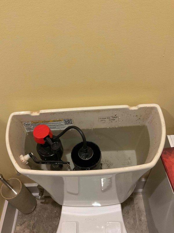 Responded to callback for toilet randomly running issue. Upon inspection, examined tank components including Fluidmaster fill valve and flapper assembly with chain connection. Verified proper operation of flush mechanism and adjusted chain tension to prevent intermittent running. Tested flush cycle multiple times to confirm resolution of random running condition.