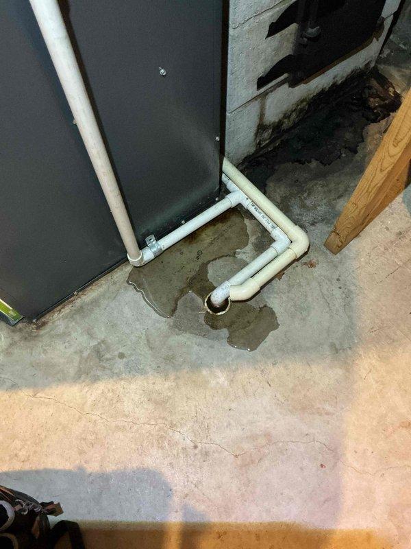 Completed annual cooling maintenance on 16-year-old Goodman air conditioning system with condenser model year 2019. Performed comprehensive tune-up including system inspection, refrigerant level check, electrical connections testing, and condensate drain line evaluation. Photos document basement mechanical room showing HVAC equipment with white PVC condensate drainage system routing to floor drain, with evidence of moisture staining on concrete floor around drain area indicating proper condensate discharge during operation.