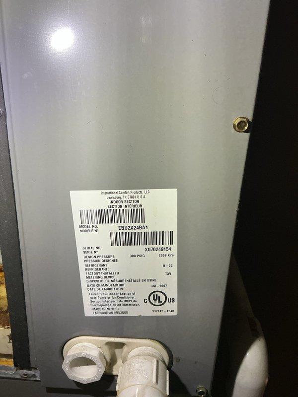 Responded to water leak concern from furnace following exterior power washing. Performed thorough inspection of International Comfort Products air handler unit (Model EBU2X24BA1, manufactured January 2007). Examined unit interior, heat exchanger sections, and condensate drainage system. Documented equipment condition with photos showing manufacturer specifications, internal components, and flame arrestor plates. Verified no active leaks present at time of inspection and confirmed unit integrity after recent exterior water exposure.