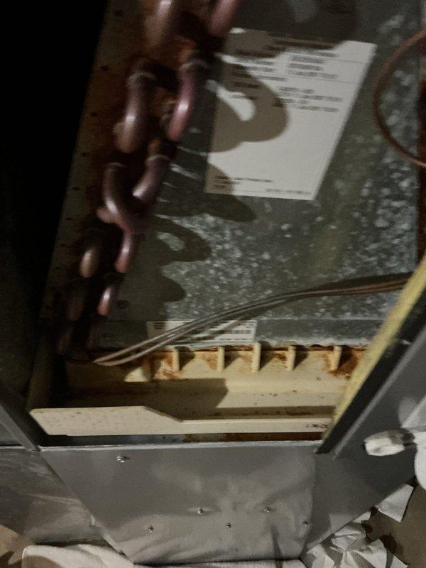 Responded to water leak concern from furnace following exterior power washing. Performed thorough inspection of International Comfort Products air handler unit (Model EBU2X24BA1, manufactured January 2007). Examined unit interior, heat exchanger sections, and condensate drainage system. Documented equipment condition with photos showing manufacturer specifications, internal components, and flame arrestor plates. Verified no active leaks present at time of inspection and confirmed unit integrity after recent exterior water exposure.