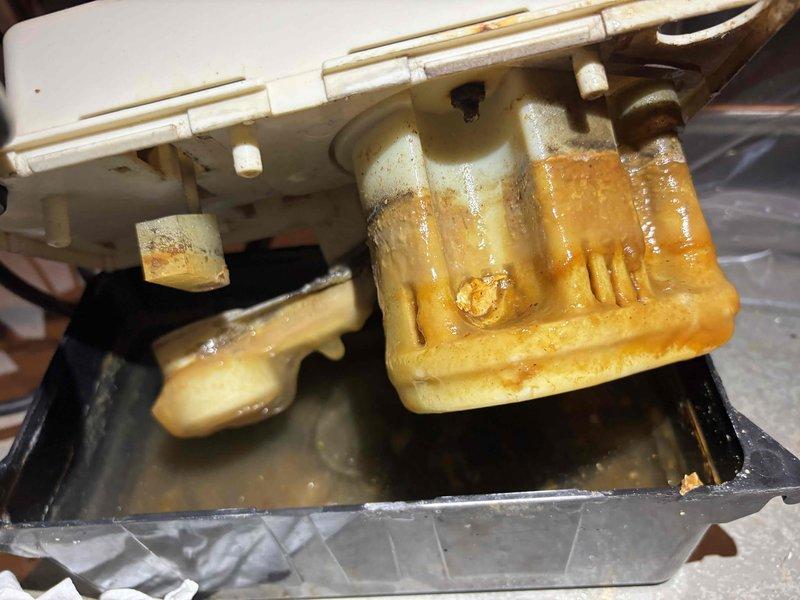 Completed annual cooling maintenance on 8-year-old Bryant air conditioning system. Inspected and serviced condensate drain system, which showed significant algae growth, mineral deposits, and standing water in drain pan. Removed and cleaned condensate pump assembly that exhibited heavy orange-yellow staining and biological buildup on outlet sections. Flushed drain lines and pan to remove sediment and organic growth. Cleaned rust staining from white plastic housing components. Performed standard tune-up procedures including filter inspection, refrigerant level check, electrical connections verification, and overall system operation assessment. System restored to proper working condition with improved drainage function.